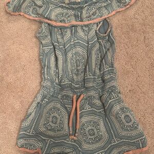 Blue Patterned Romper with Pink Trim
